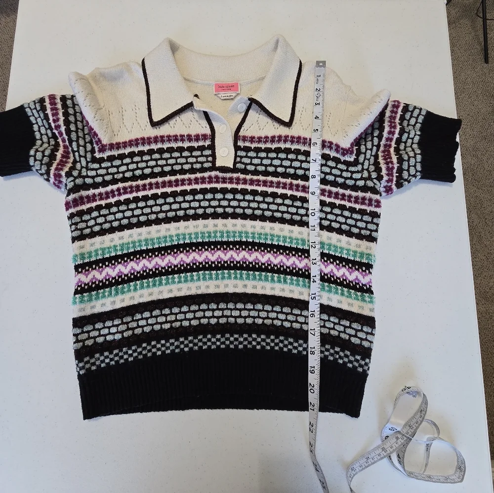 kate spade Multicolor Striped Knit Polo Sweater - White, Black, Pink, Teal, Navy